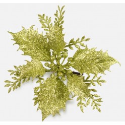 Пуансеттия с блестками на клипсе салатовая цветок искусственный 14см